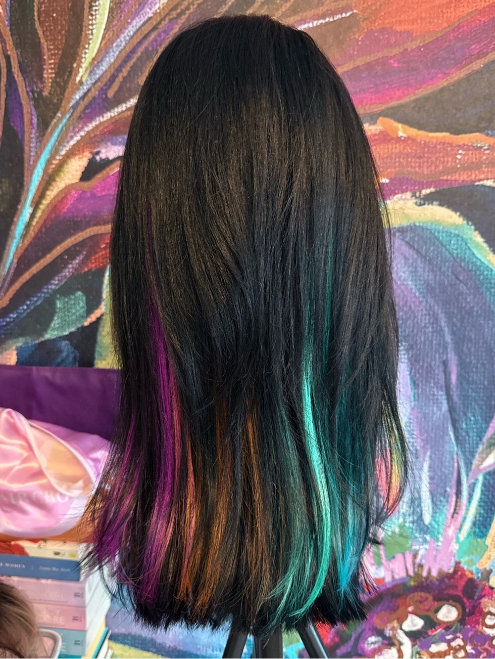 Nel’s Madison STD Black Synthetic Wig Rainbow Peekaboo Highlights Bangs